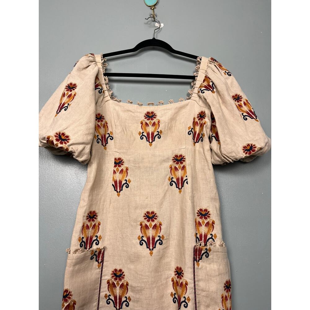 Farm Rio Rose Embroidered Macaw Maxi Dress Puff Sleeve Linen Women's Size S - Picture 3 of 9